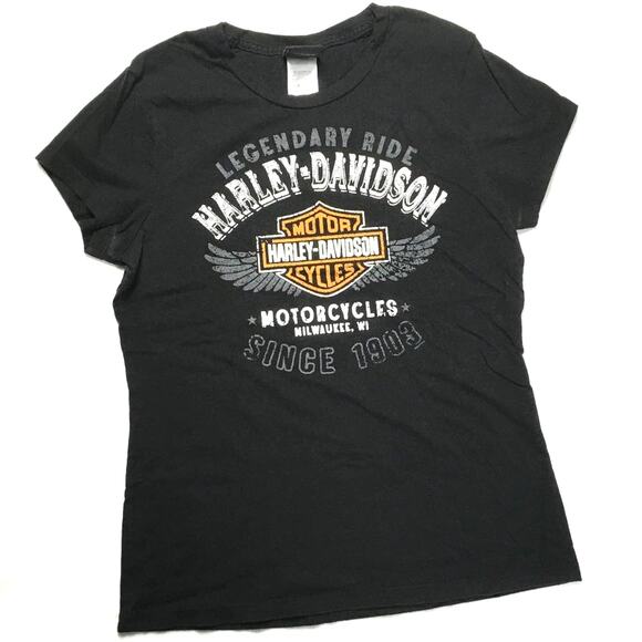 Harley Davidson Classic Logo Tee Black Orange Short Sleeve Motorcycle Women's L - Picture 1 of 7